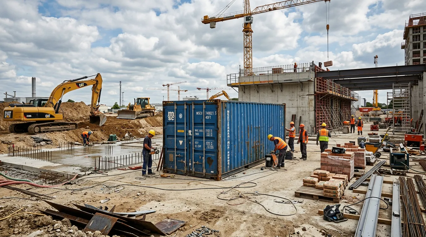 Conteneur maritime sur un chantier de construction